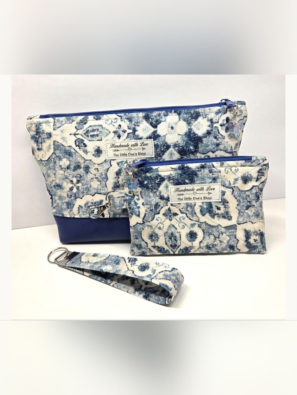 Hand Crafted Blue Floral Cosmetic Pouch Set with Wristlet